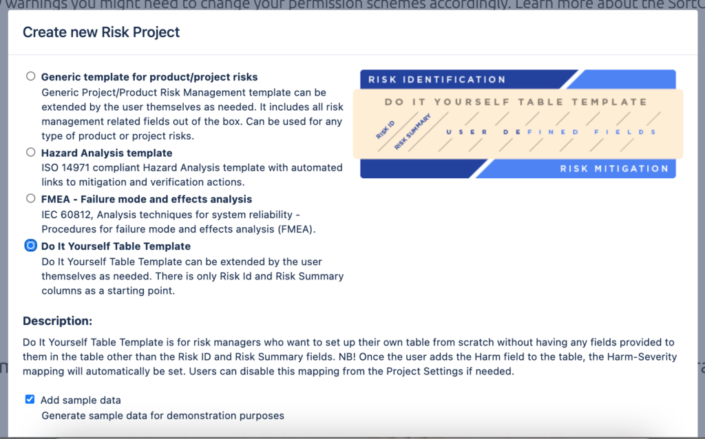 Do It Yourself risk table template in SoftComply Risk Manager app for Jira Cloud